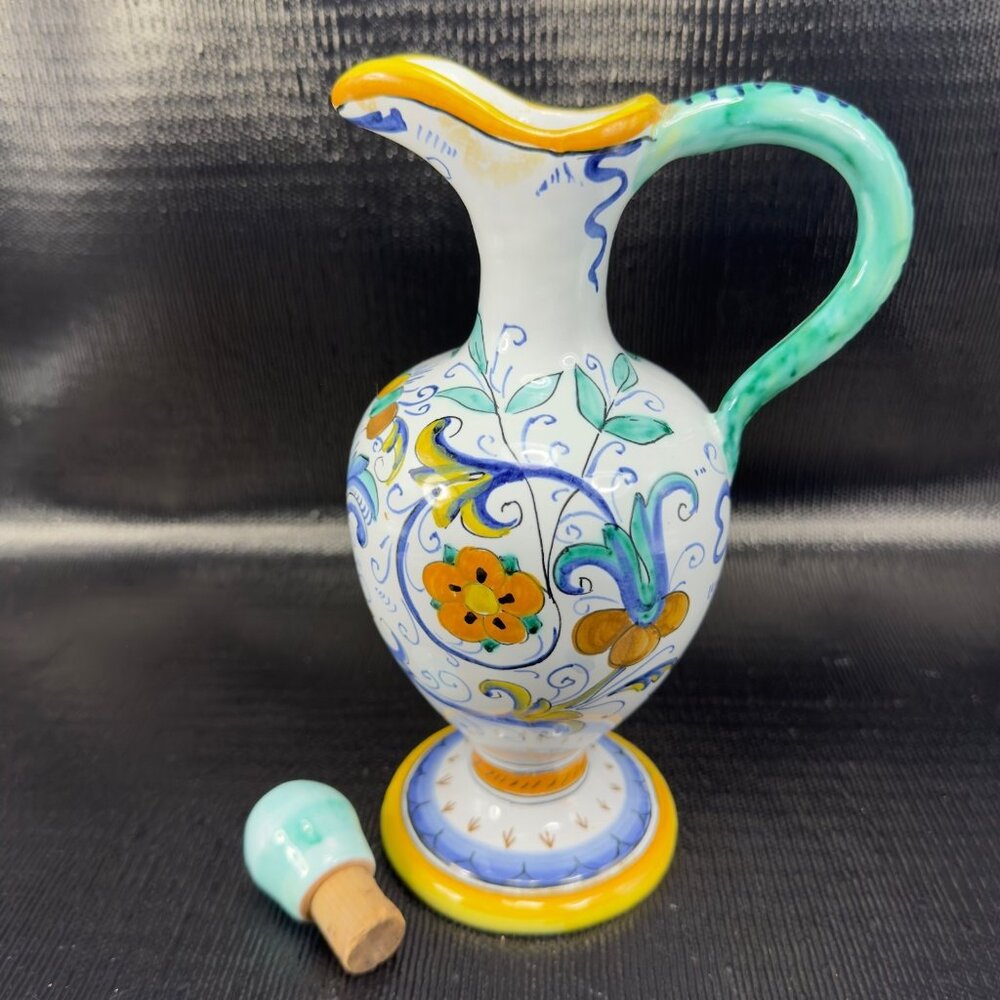 Vintage Hand Made Italian Deruta Pottery Jug Pitcher Decanter Pitcher W Stopper